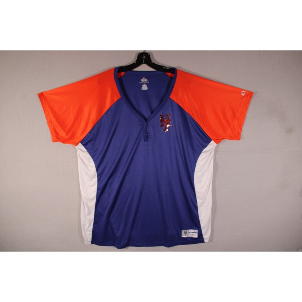 New York Mets Womens Majestic Cool Base 4X Blue Orange V Neck Baseball Shirt MLB